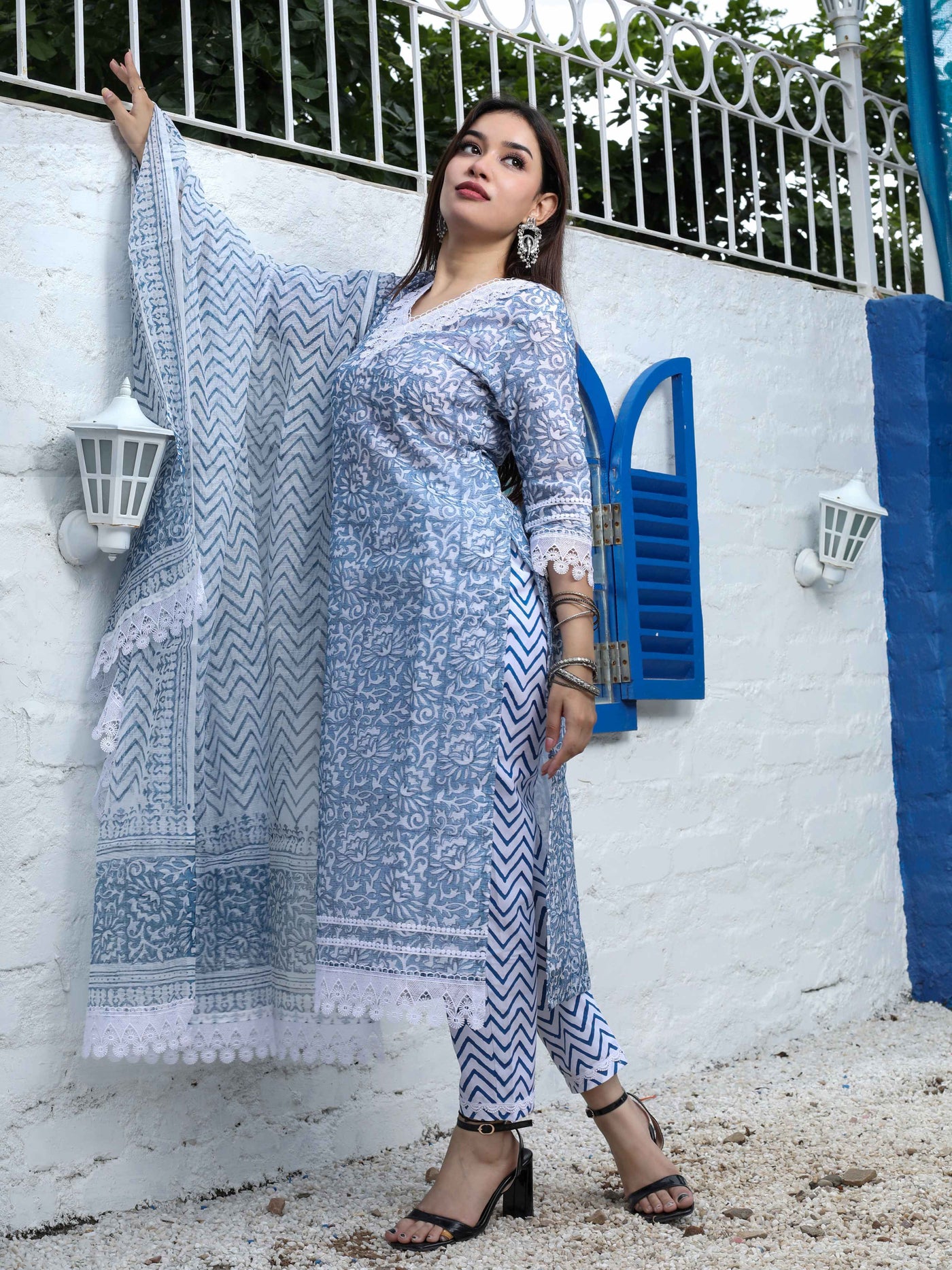Sky Blue Block Print Kota Doria Suit – Unstitched
