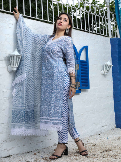 Sky Blue Block Print Kota Doria Suit – Unstitched