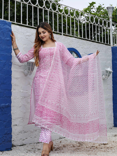 Pink Cotton Kota Doria Block Print Unstitched Suit