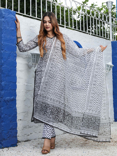 Black & White Block Print Kota Doria Suit – Unstitched