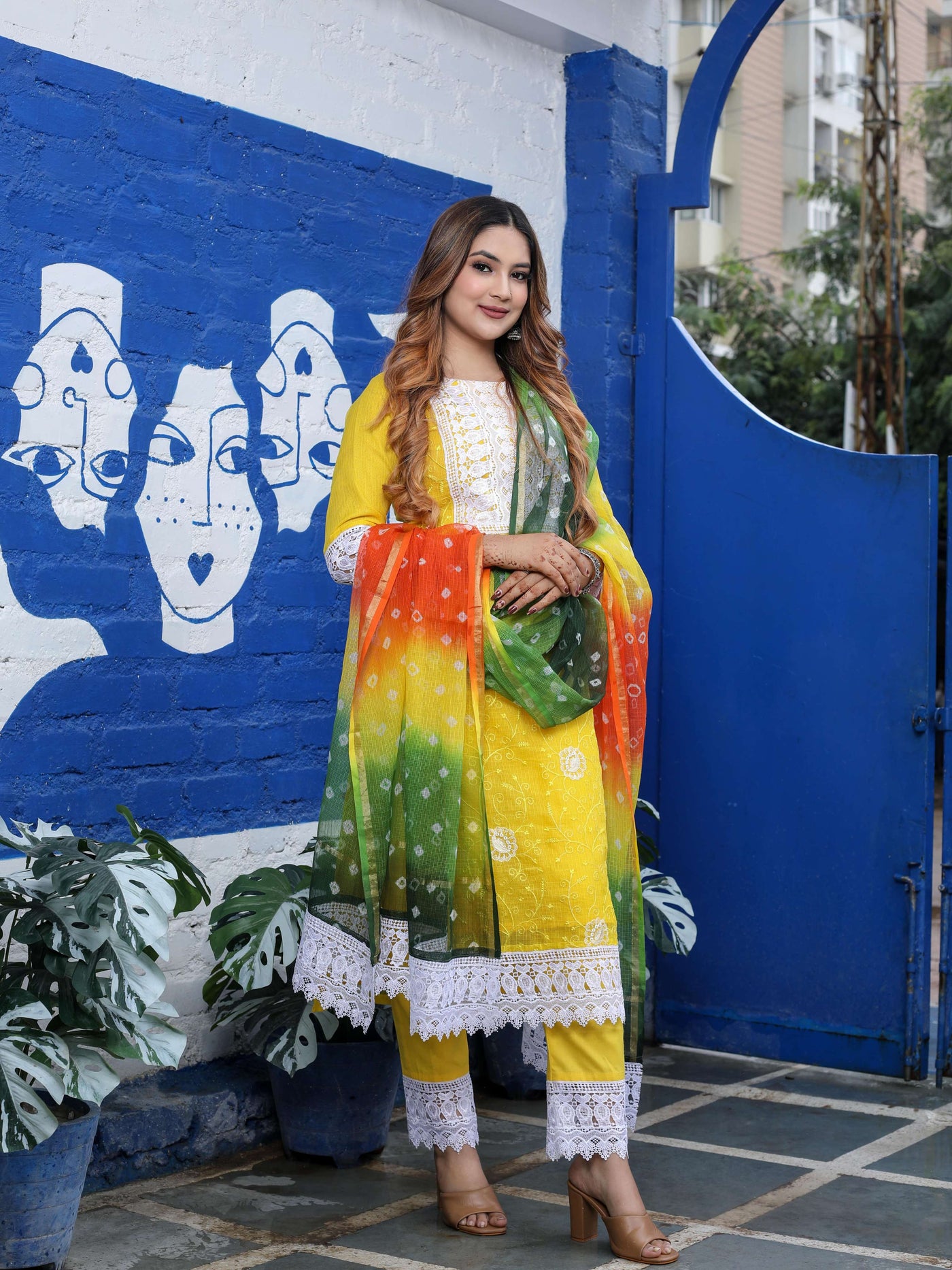 Pure Cotton Kota Doria Suit with Bandhej Dupatta (unstitched)