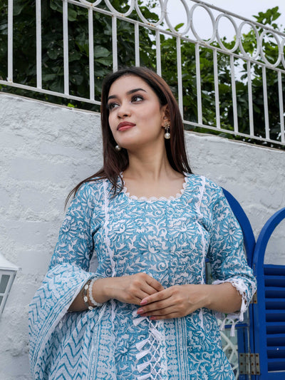 Turquoise Blue Cotton Kota Doria Block Print Unstitched Suit