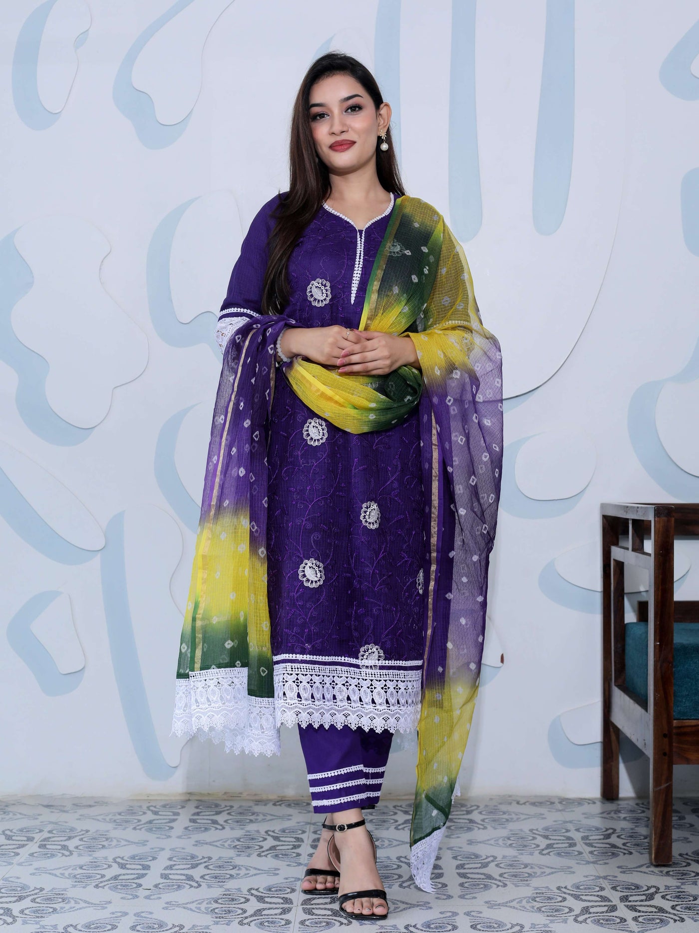Pure Cotton Kota Doria Suit with Bandhej Dupatta (unstitched)