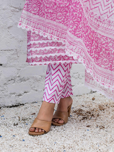 Pink Cotton Kota Doria Block Print Unstitched Suit