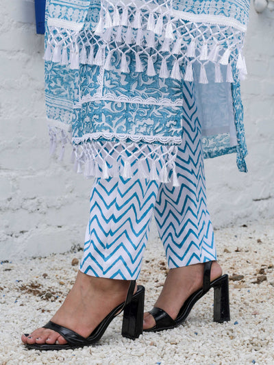 Turquoise Blue Cotton Kota Doria Block Print Unstitched Suit