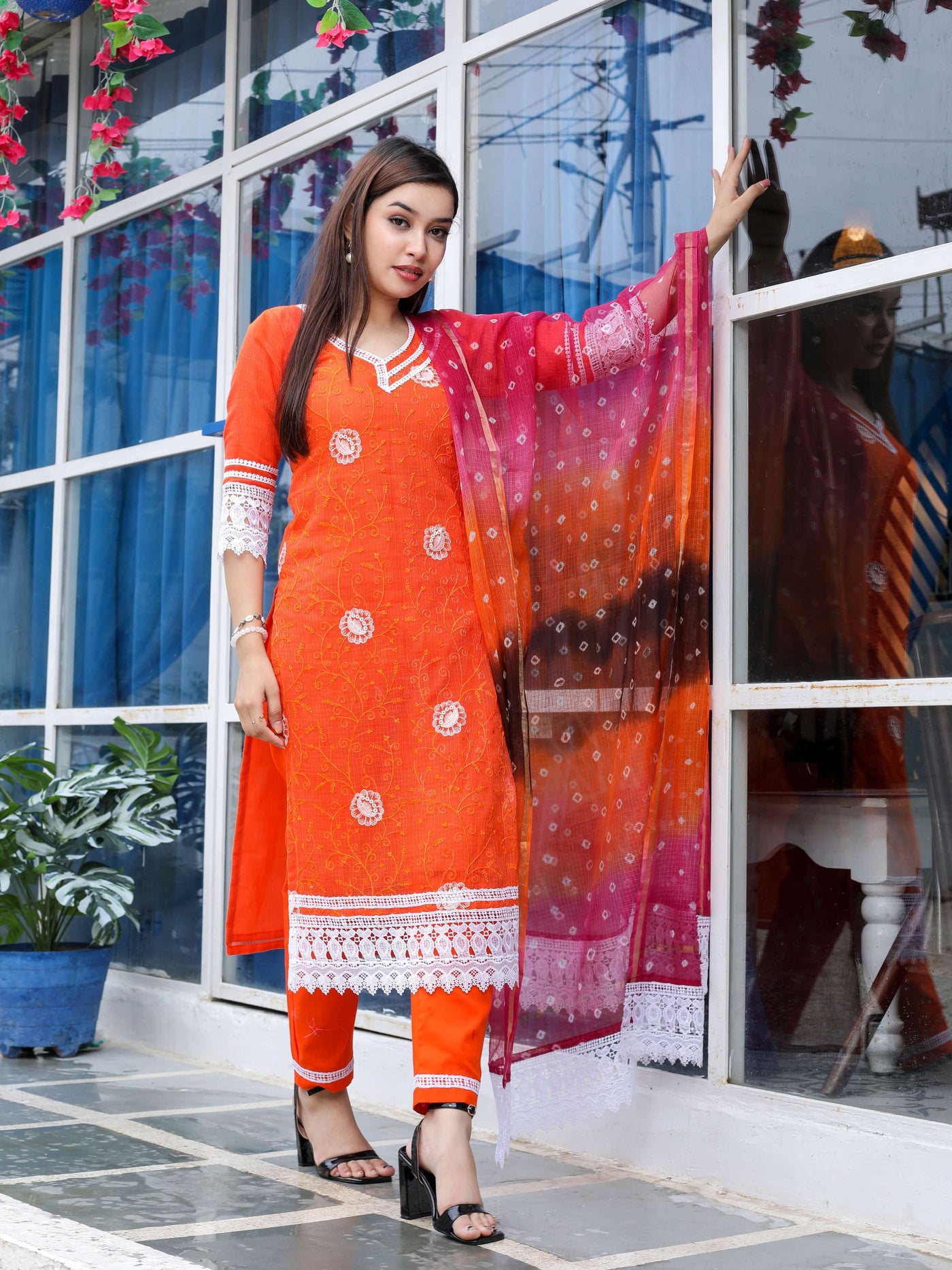 Pure Cotton Kota Doria Suit with Bandhej Dupatta (unstitched)
