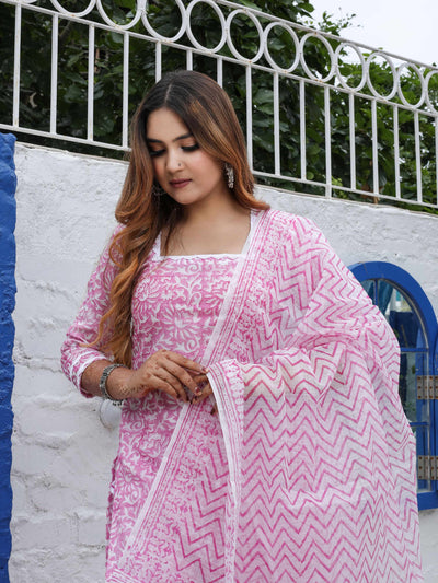 Pink Cotton Kota Doria Block Print Unstitched Suit