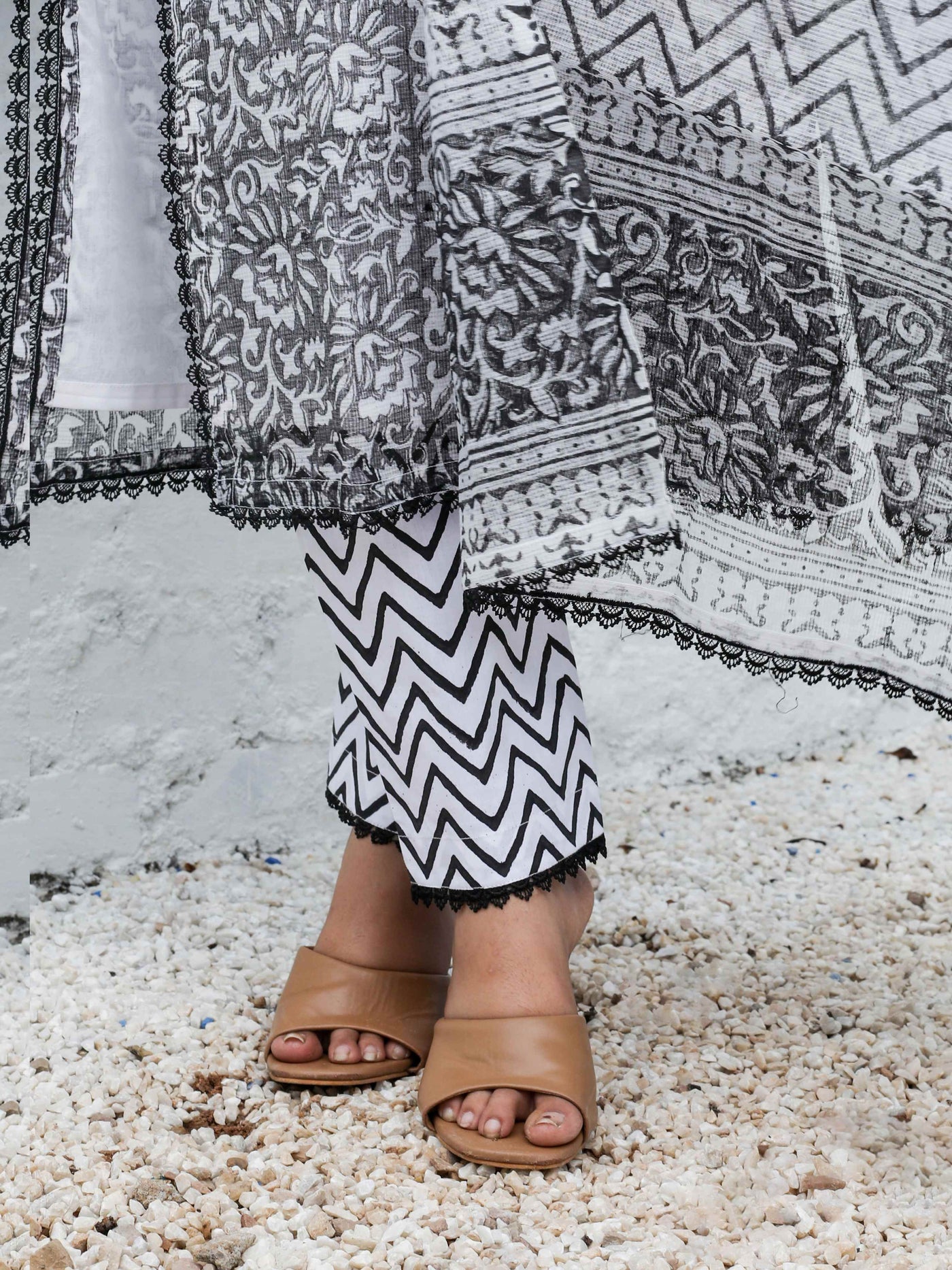 Black & White Block Print Kota Doria Suit – Unstitched