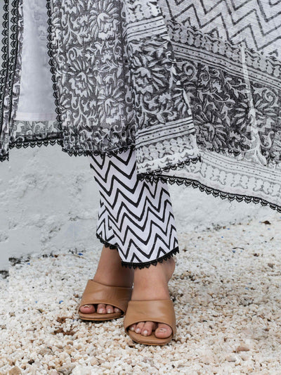 Black & White Block Print Kota Doria Suit – Unstitched