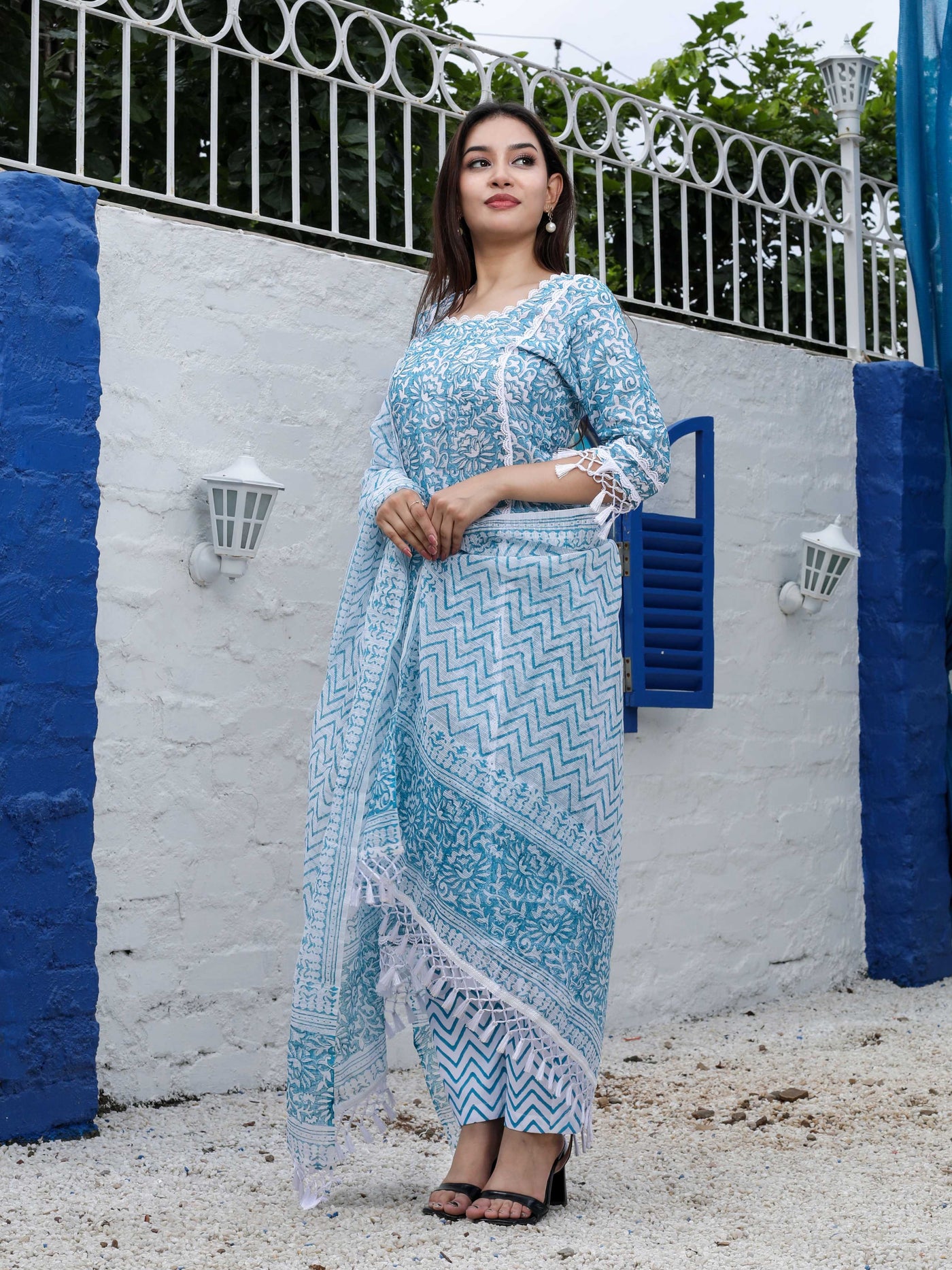 Turquoise Blue Cotton Kota Doria Block Print Unstitched Suit