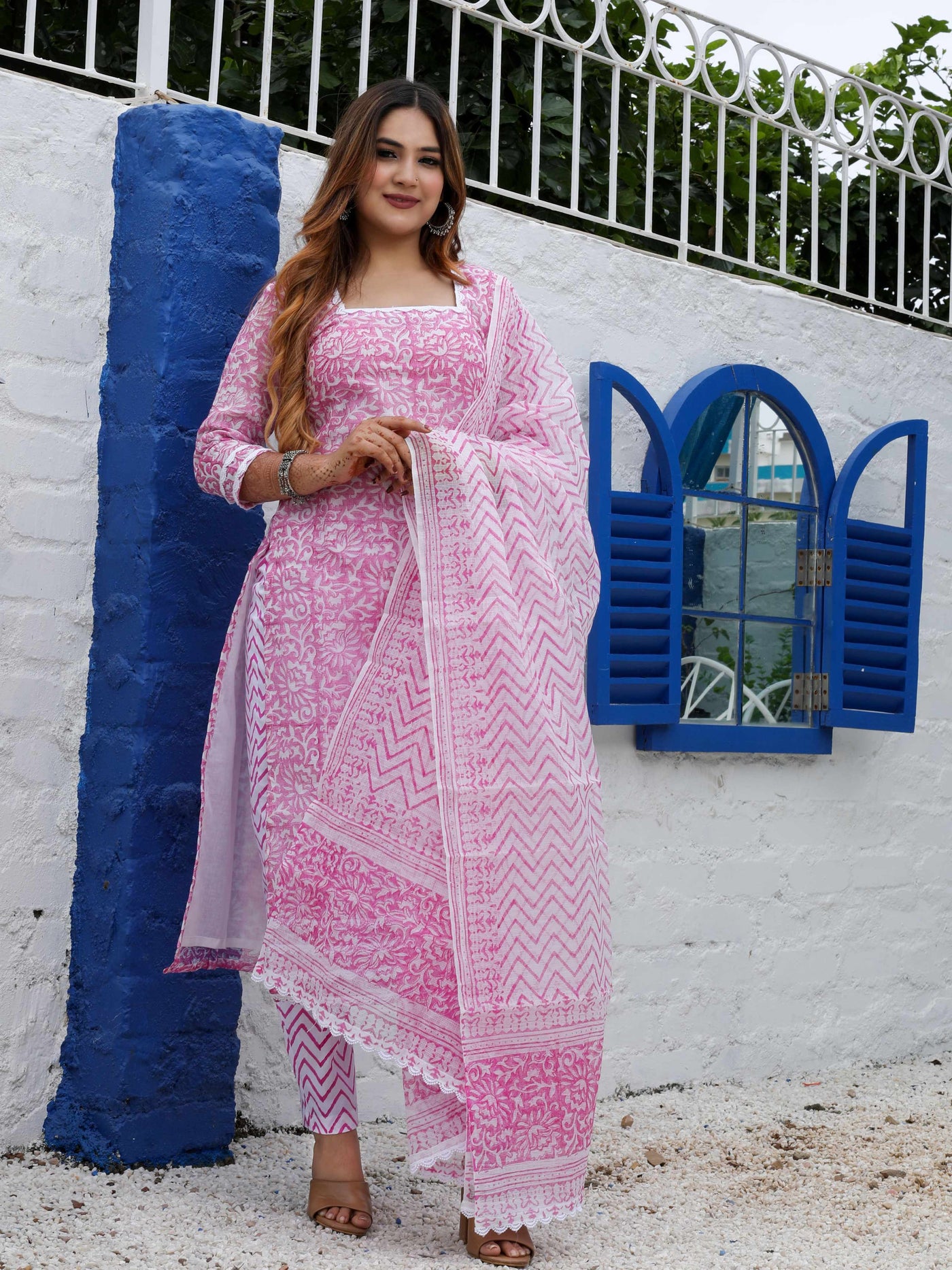 Pink Cotton Kota Doria Block Print Unstitched Suit