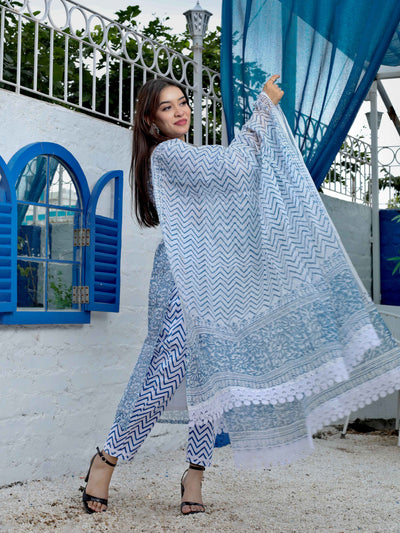 Sky Blue Block Print Kota Doria Suit – Unstitched