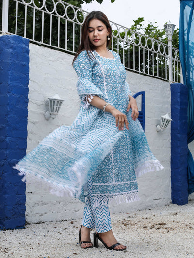 Turquoise Blue Cotton Kota Doria Block Print Unstitched Suit