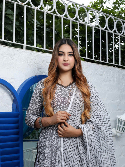 Black & White Block Print Kota Doria Suit – Unstitched