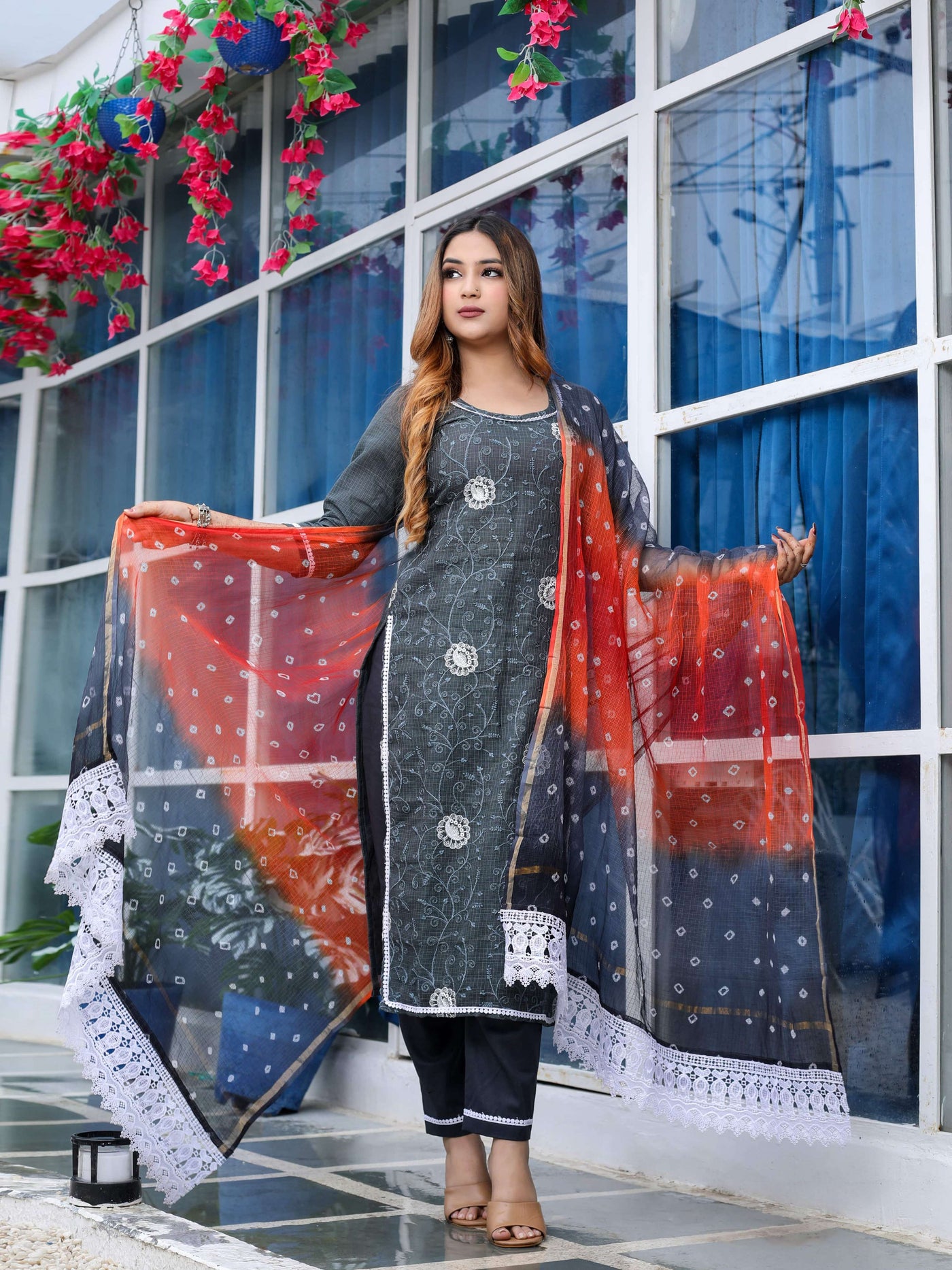 Pure Cotton Kota Doria Suit with Bandhej Dupatta (unstitched)