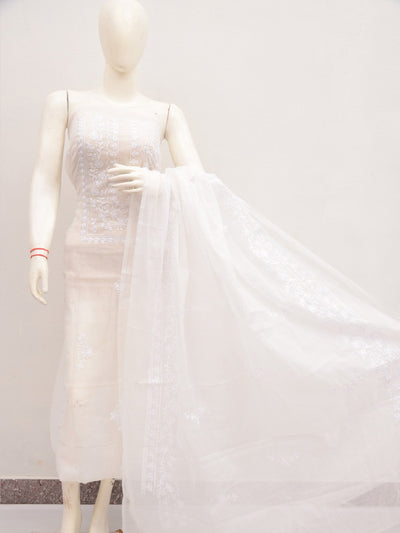 Kota Doria Embroidery Work Suit Set in Pastel Shades White