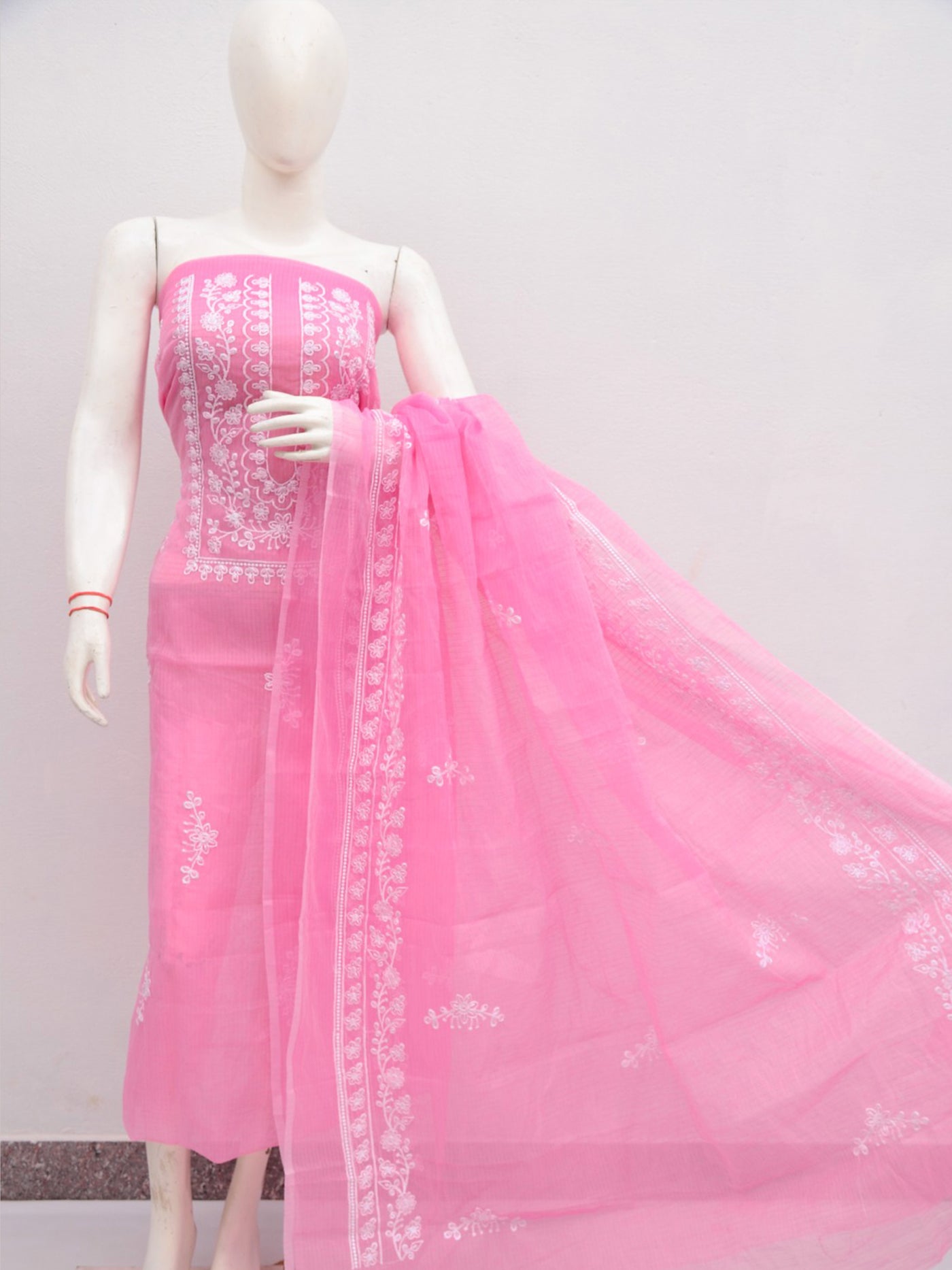 Kota Doria Embroidery Work Suit Set in Pastel Shades Pink