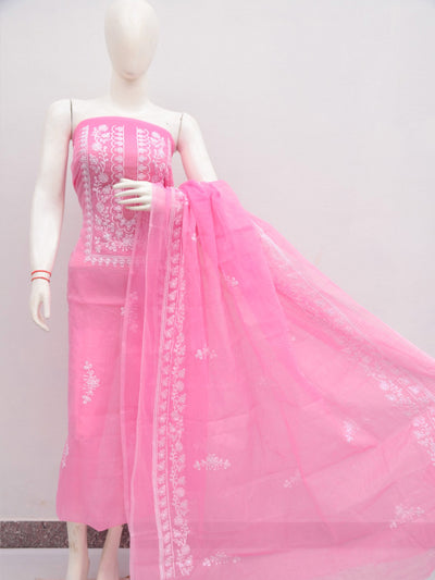 Kota Doria Embroidery Work Suit Set in Pastel Shades Pink