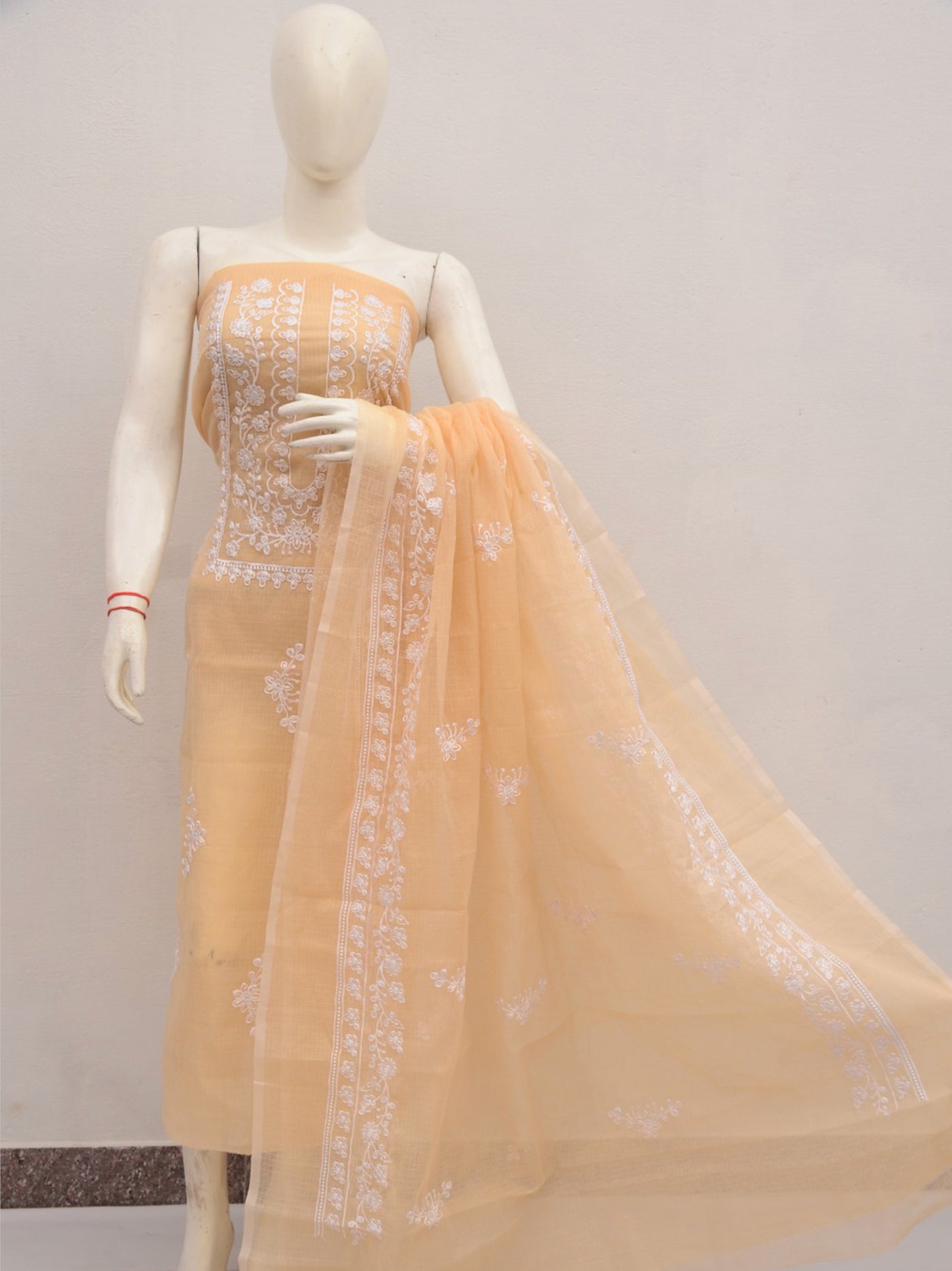 Kota Doria Embroidery Work Suit Set in Pastel Shades peach