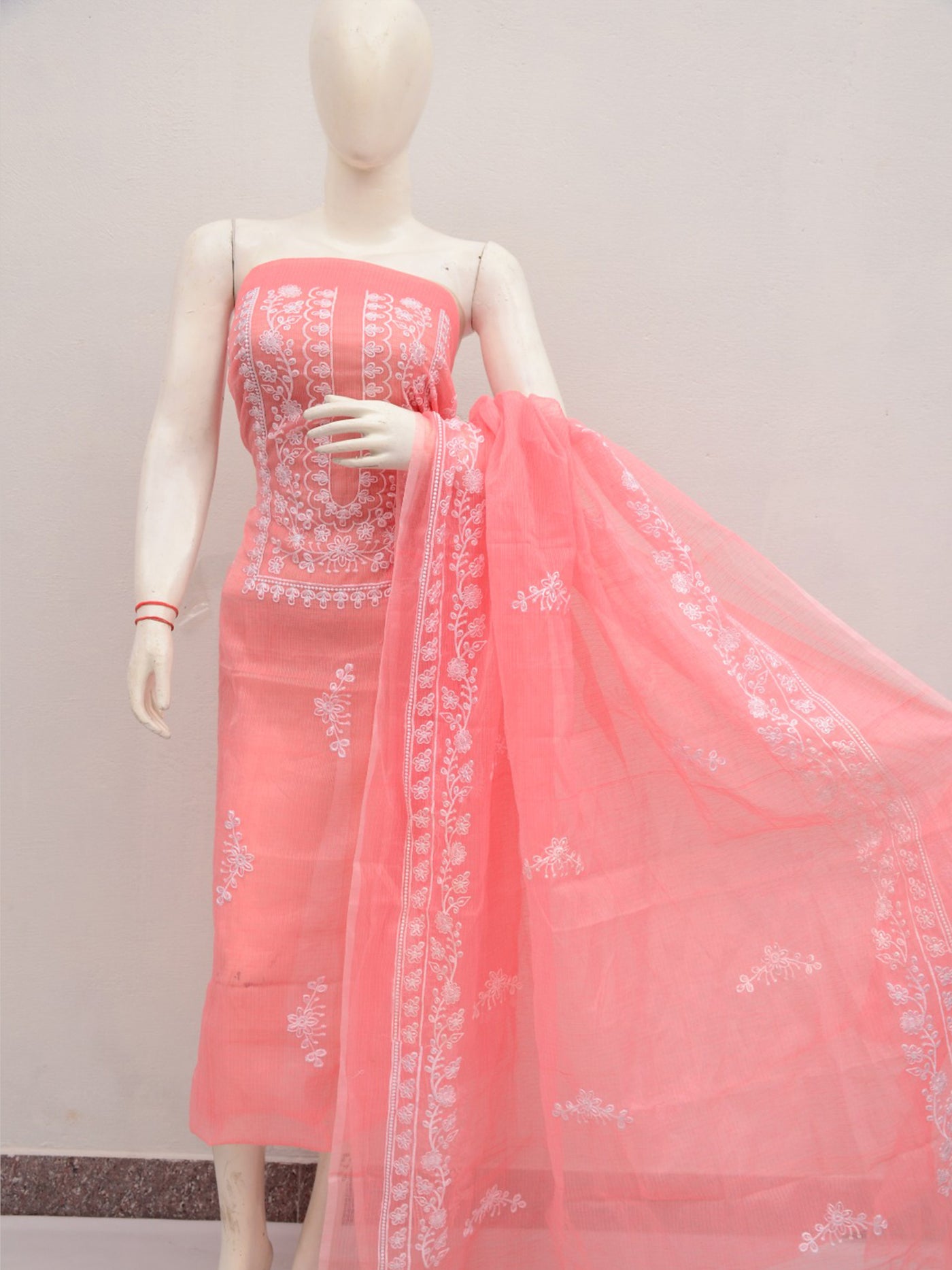 Kota Doria Embroidery Work Suit Set in Pastel Shades coral pink