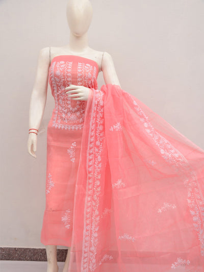 Kota Doria Embroidery Work Suit Set in Pastel Shades coral pink