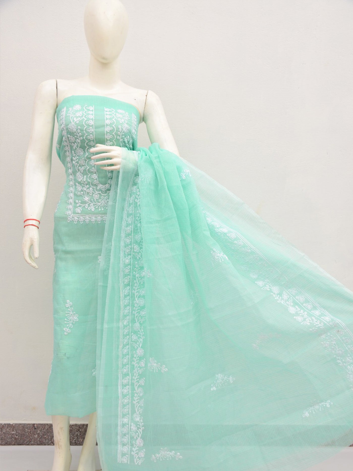 Kota Doria Embroidery Work Suit Set in Pastel Shades mint green