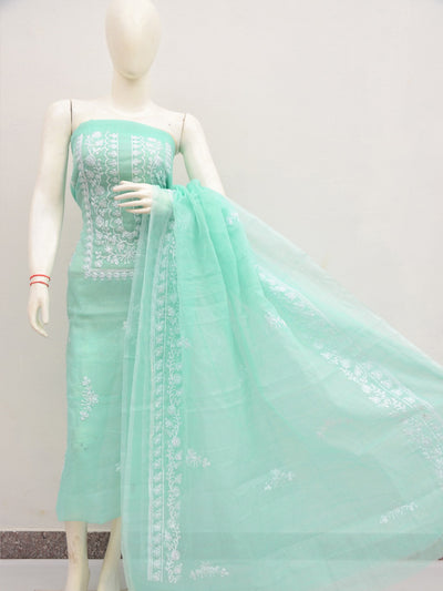 Kota Doria Embroidery Work Suit Set in Pastel Shades mint green