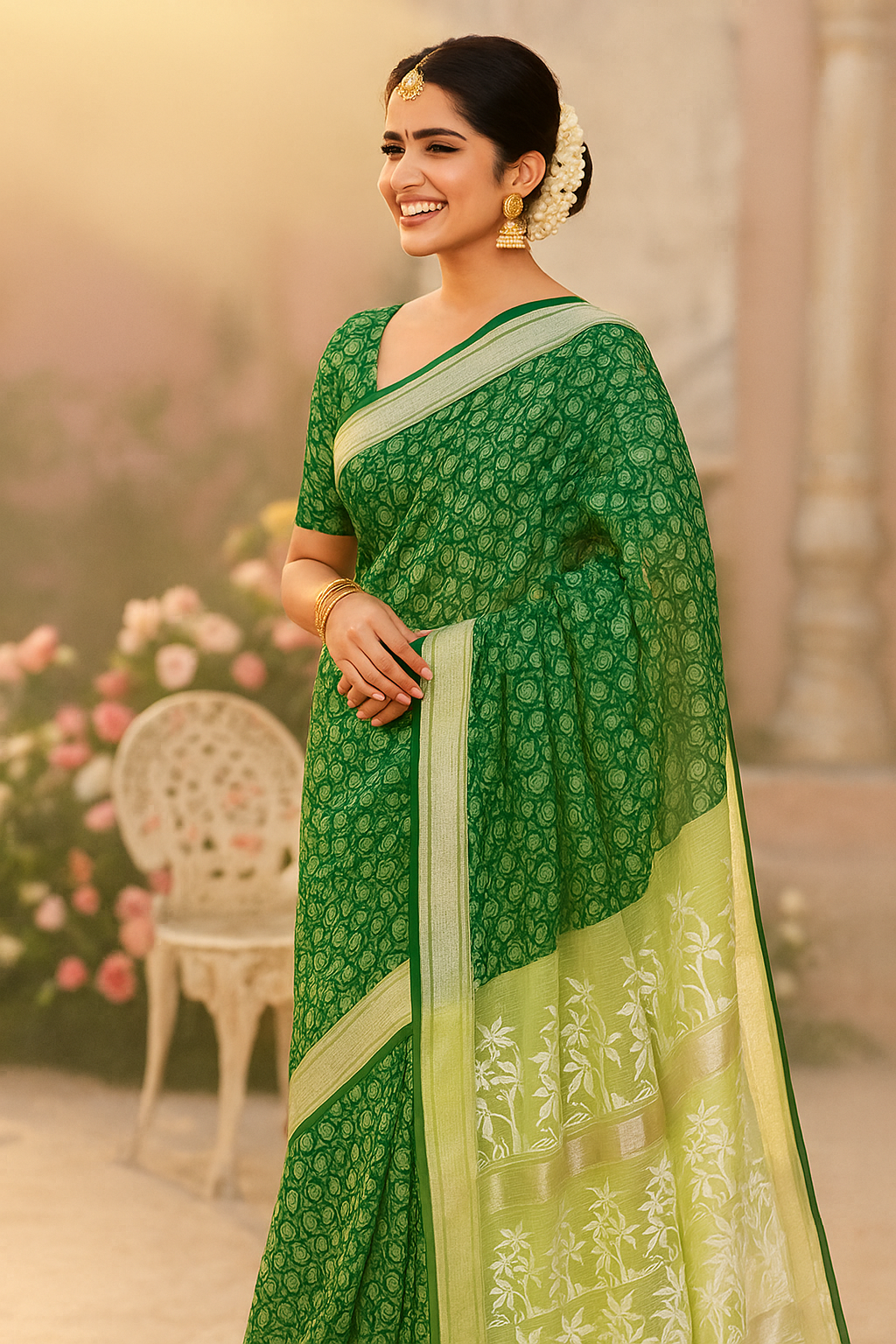 Kota Doria Embroidery Work Saree with Floral Print