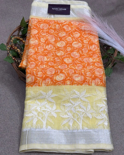 Kota Doria Embroidery Work Saree with Floral Print