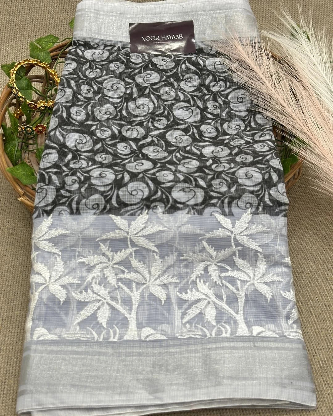 Kota Doria Embroidery Work Saree with Floral Print