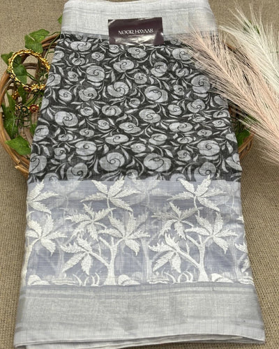 Kota Doria Embroidery Work Saree with Floral Print