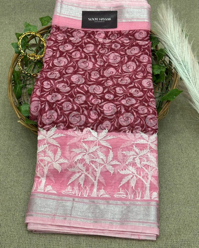 Kota Doria Embroidery Work Saree with Floral Print