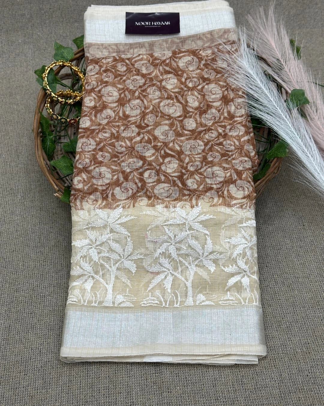 Kota Doria Embroidery Work Saree with Floral Print
