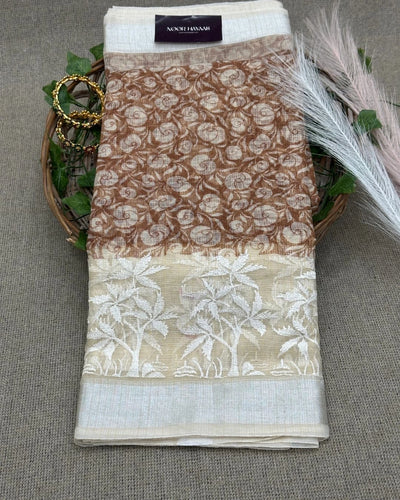 Kota Doria Embroidery Work Saree with Floral Print