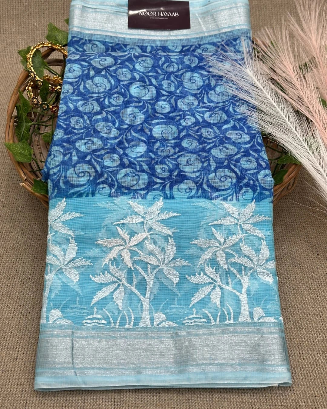Kota Doria Embroidery Work Saree with Floral Print