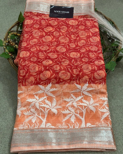 Kota Doria Embroidery Work Saree with Floral Print