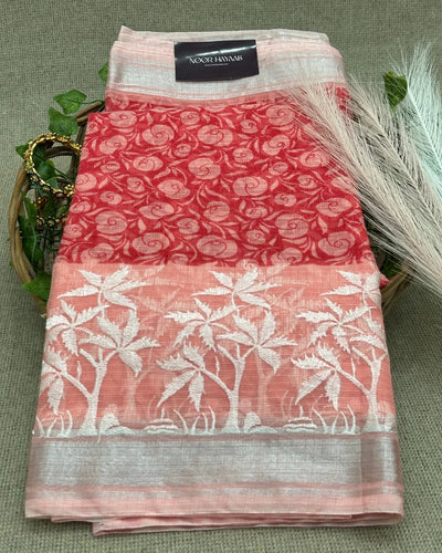 Kota Doria Embroidery Work Saree with Floral Print