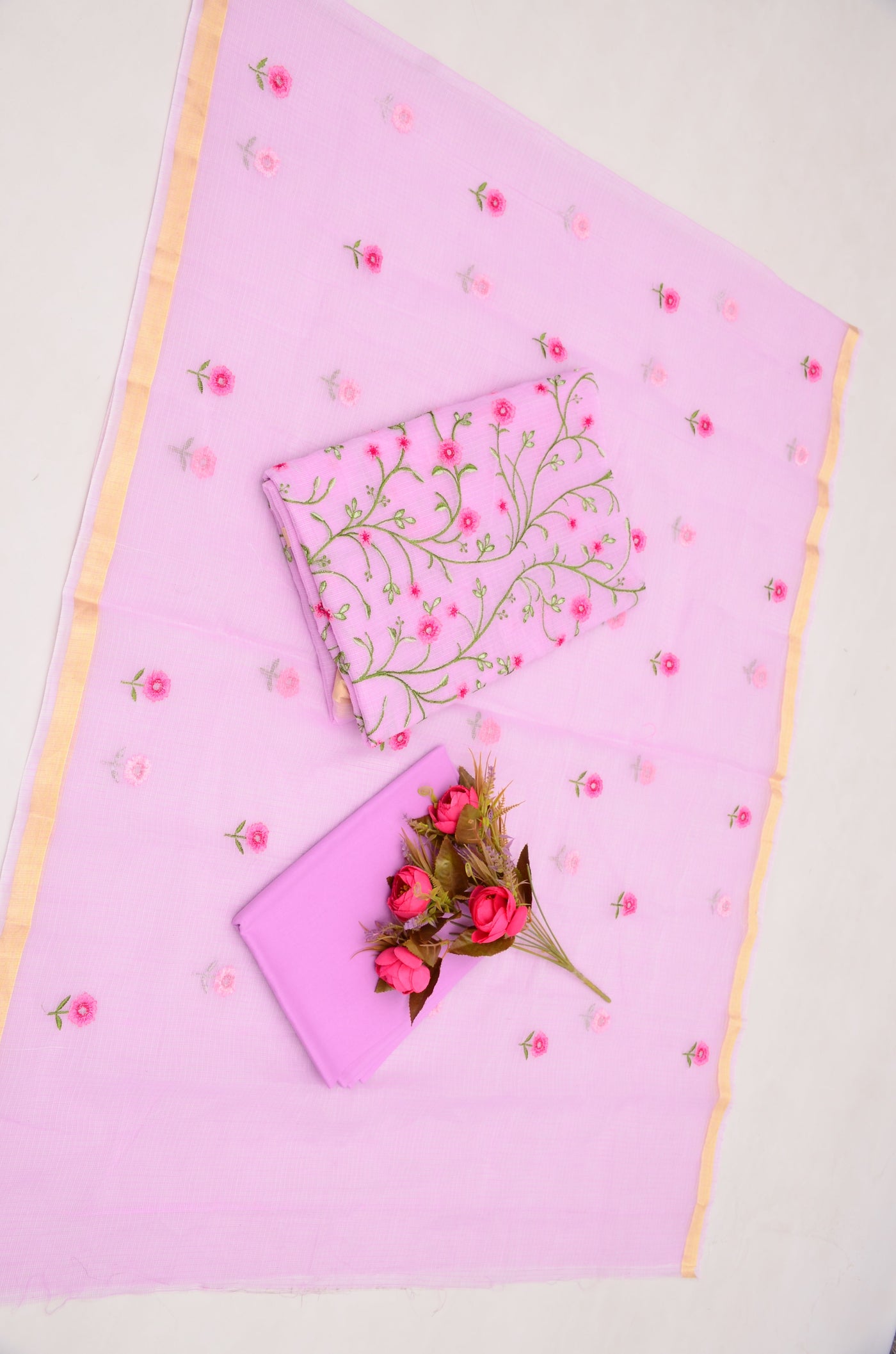 Kota Doria Embroidery Work Suit Set Pink
