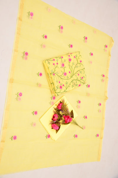Kota Doria Embroidery Work Suit Set Yellow