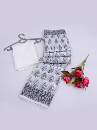 Hand Block Print Kota Doria Saree with Blouse Gray