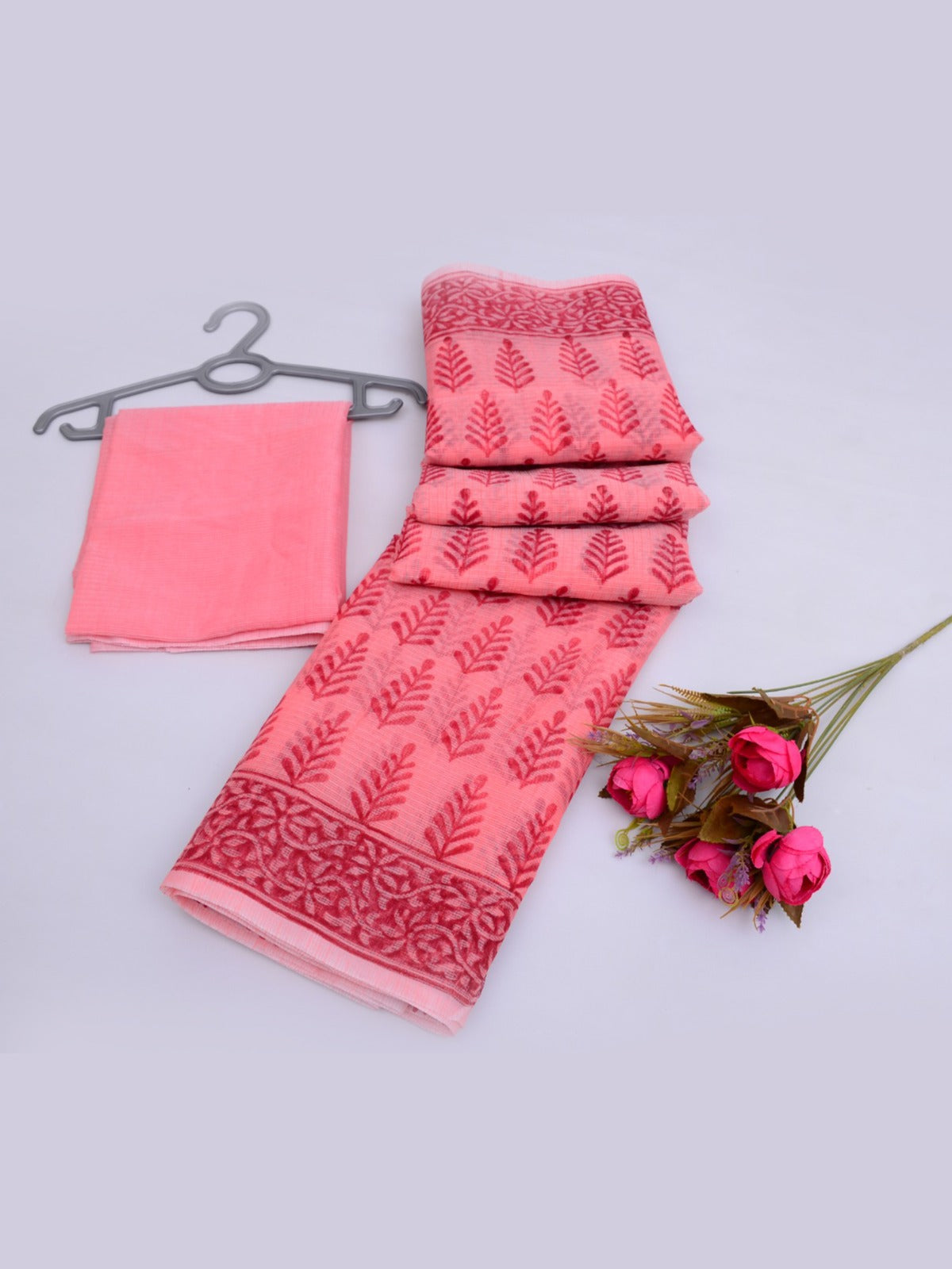 Hand Block Print Kota Doria Saree with Blouse Red
