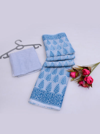 Hand Block Print Kota Doria Saree with Blouse sky blue