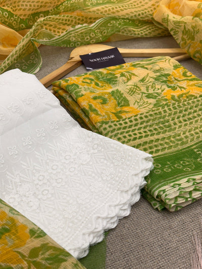 Kota Doria Floral Print Suit with Chikankari Bottom