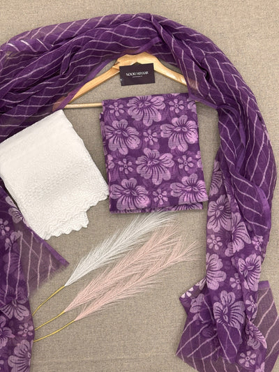 Trendy Kota Doria Floral Print Suit with Chikankari Bottom Purple