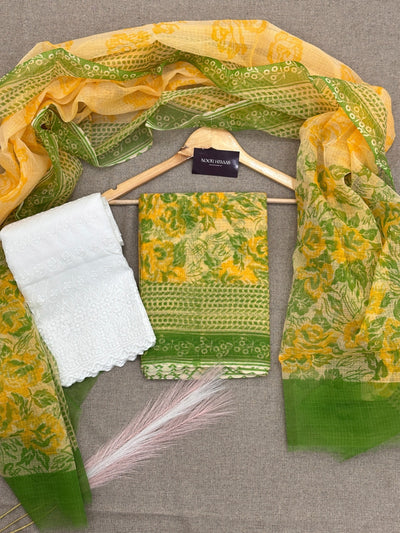 Kota Doria Floral Print Suit with Chikankari Bottom