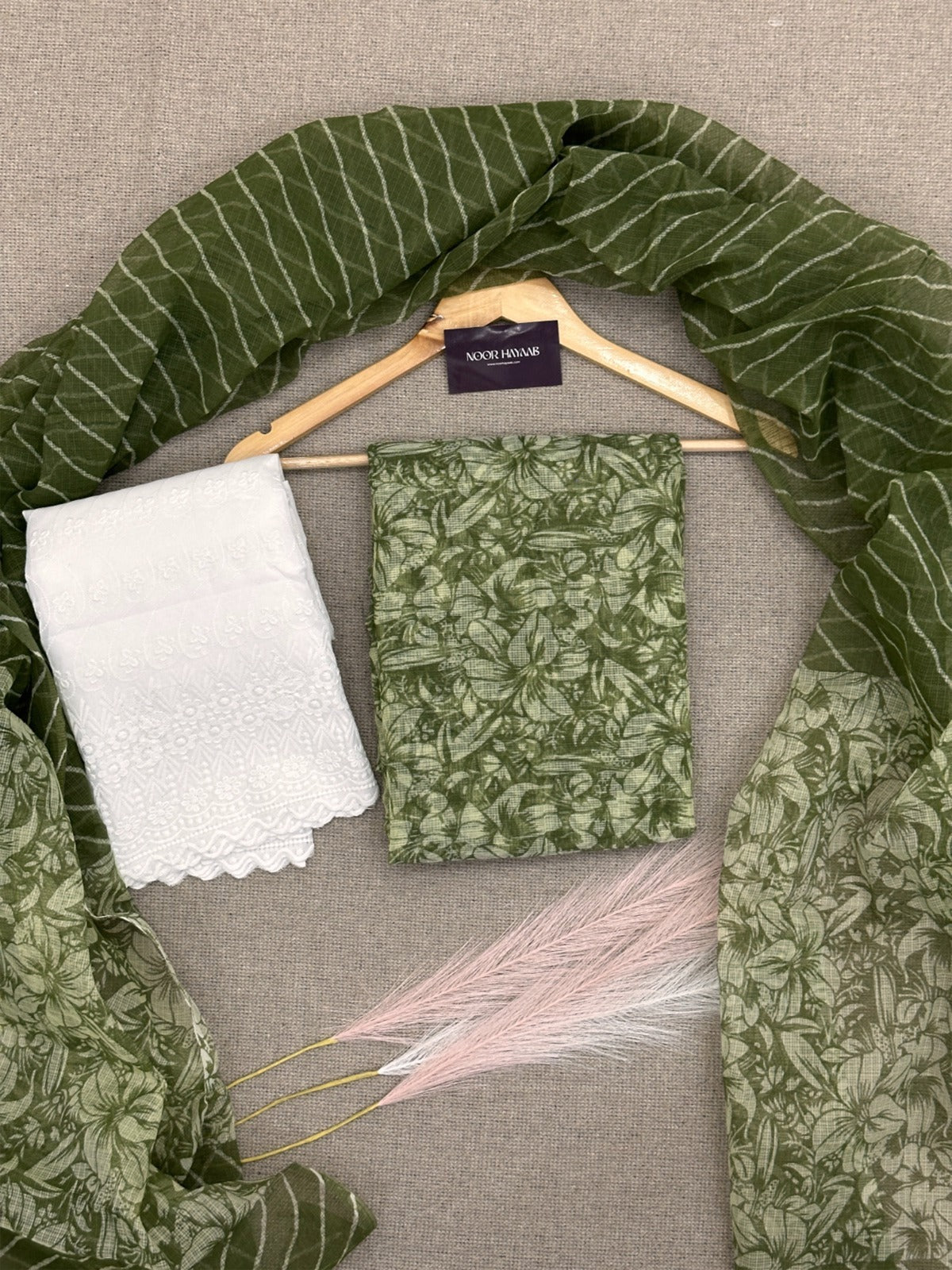 Kota Doria Floral Print Suit with Chikankari Bottom Olive green