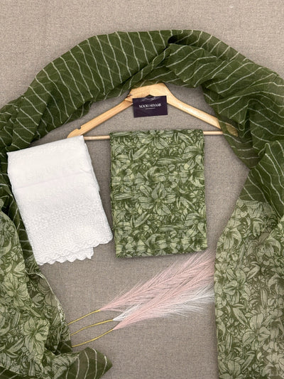 Kota Doria Floral Print Suit with Chikankari Bottom Olive green