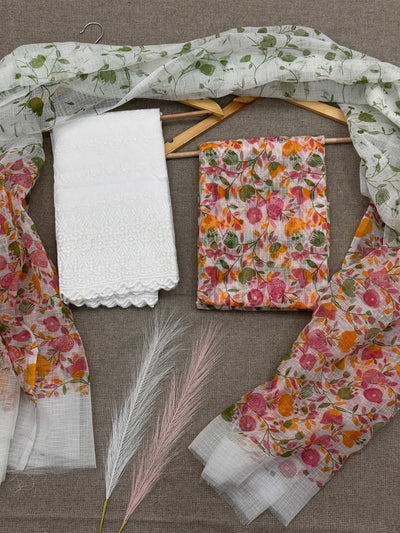 Kota Doria Floral Print Suit with Chikankari Bottom