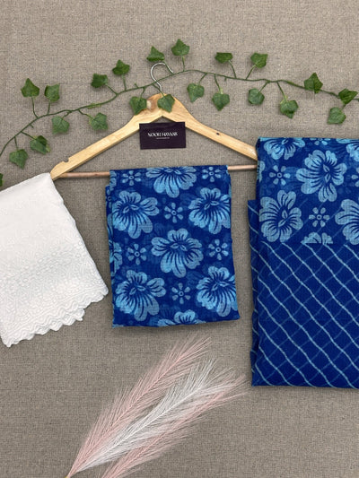 Trendy Kota Doria Floral Print Suit with Chikankari Bottom blue