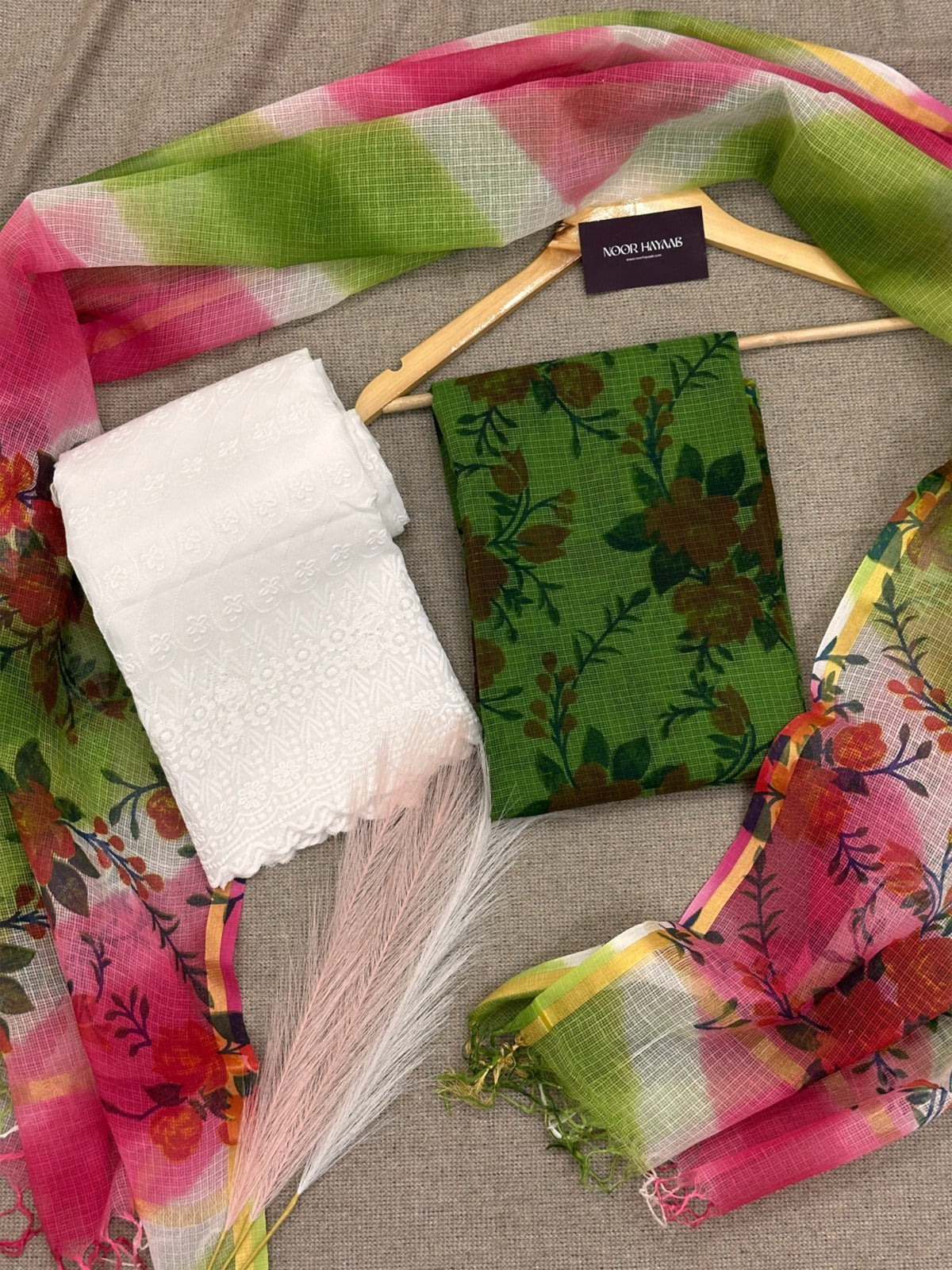 Pure Kota Doria Floral Print Suit with Chikankari Bottom